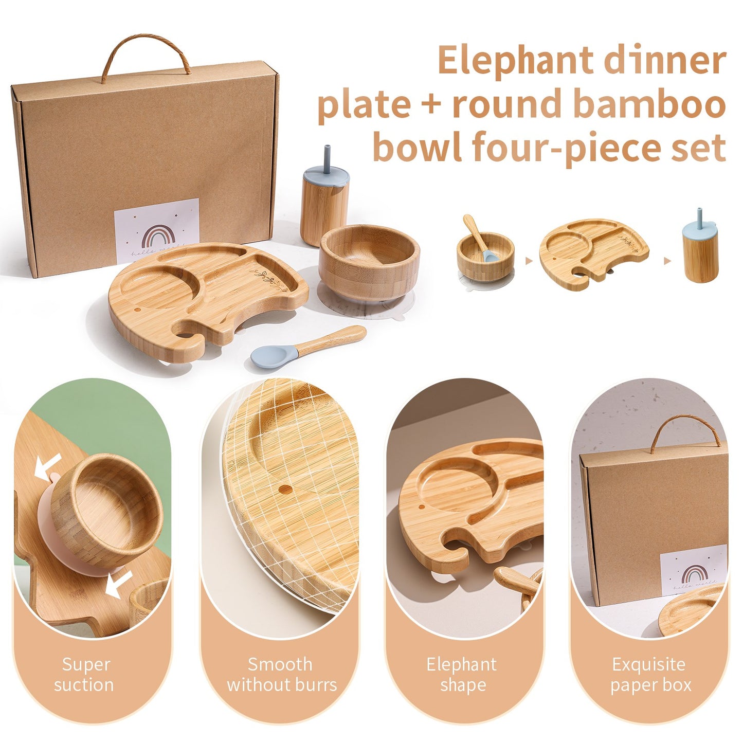 Baby Elephant Dinner Plate Set with Silicone Suction, Bowl and Water Glass