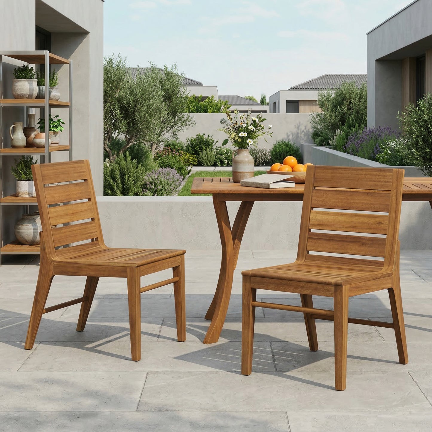 Outdoor Acacia Wood Dining Chairs Set of 2 - Teak Finish