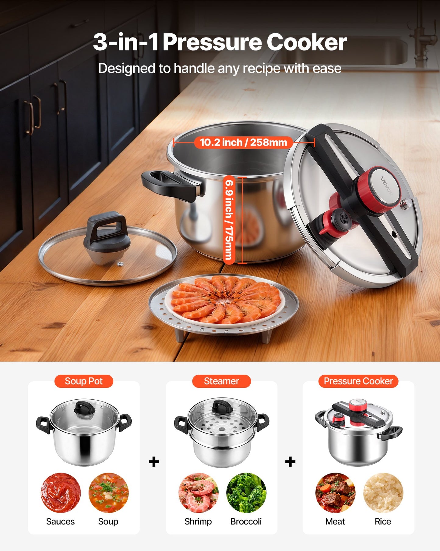 10Qt Stainless Steel Pressure Cooker with Steaming Rack - 3 Pressure Settings