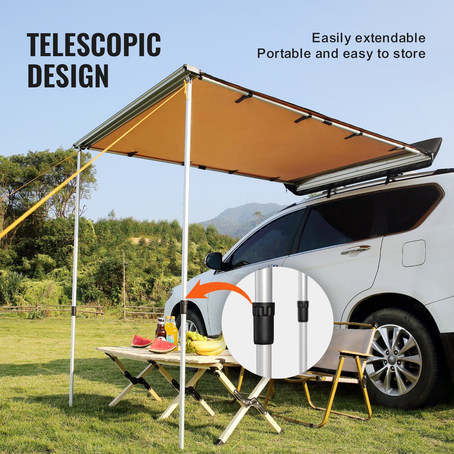 Large Car Side Awning 6.6x8.2 ft UV50+ Waterproof Retractable Sunshade for Truck SUV Van