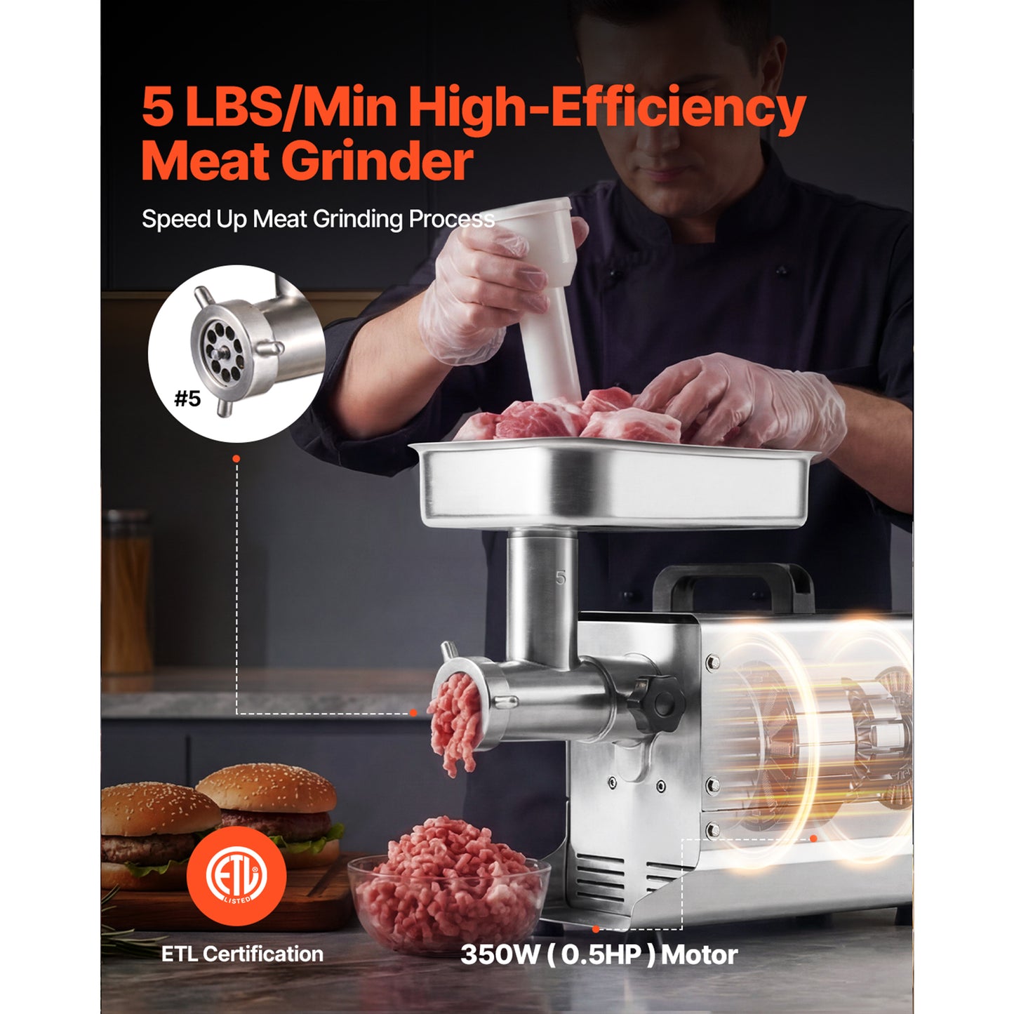Electric Meat Grinder 5L Capacity Stainless Steel Sausage Maker for Kitchen & Restaurant