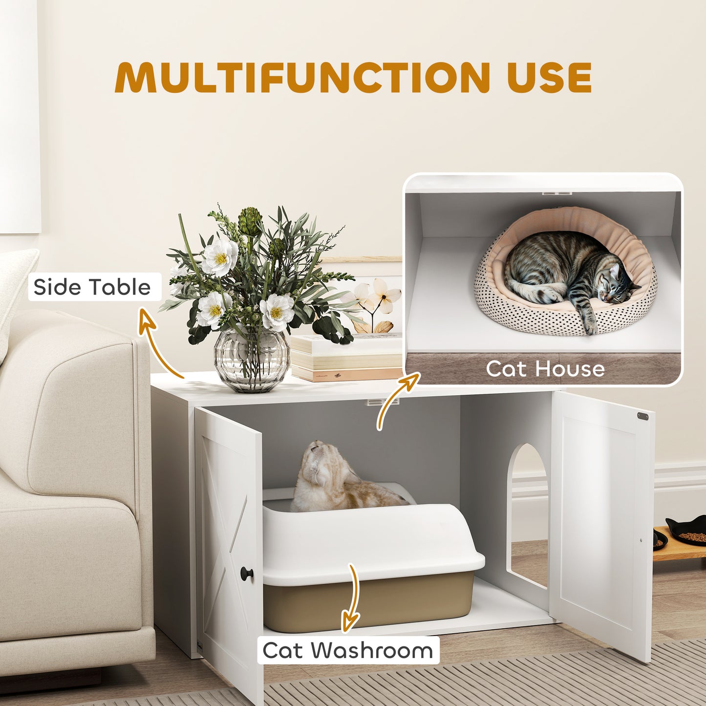 Cat Litter Box Enclosure with Barn Door and Cat Hole - White, 31.5 x 20 x 20 inches