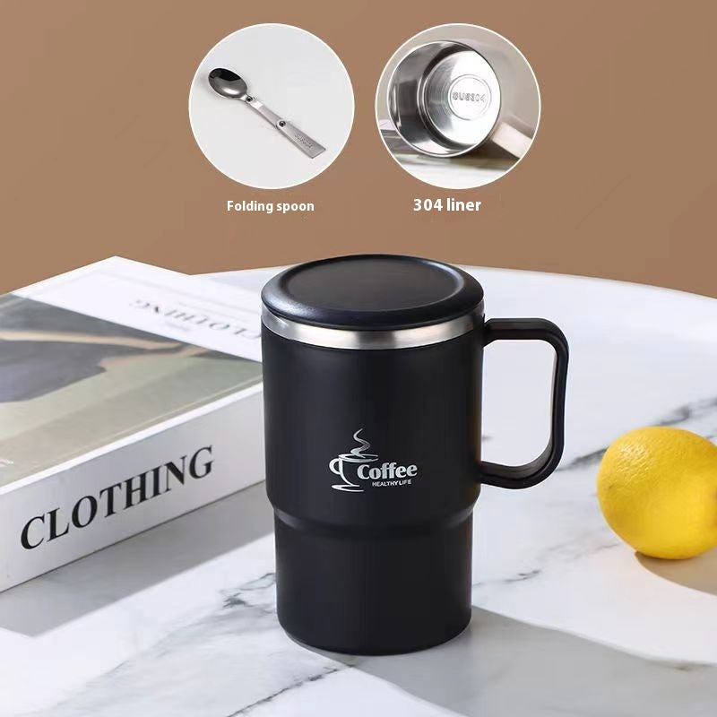 Stainless Steel Mug Cup with Cover and Folding Spoon - Ins Style