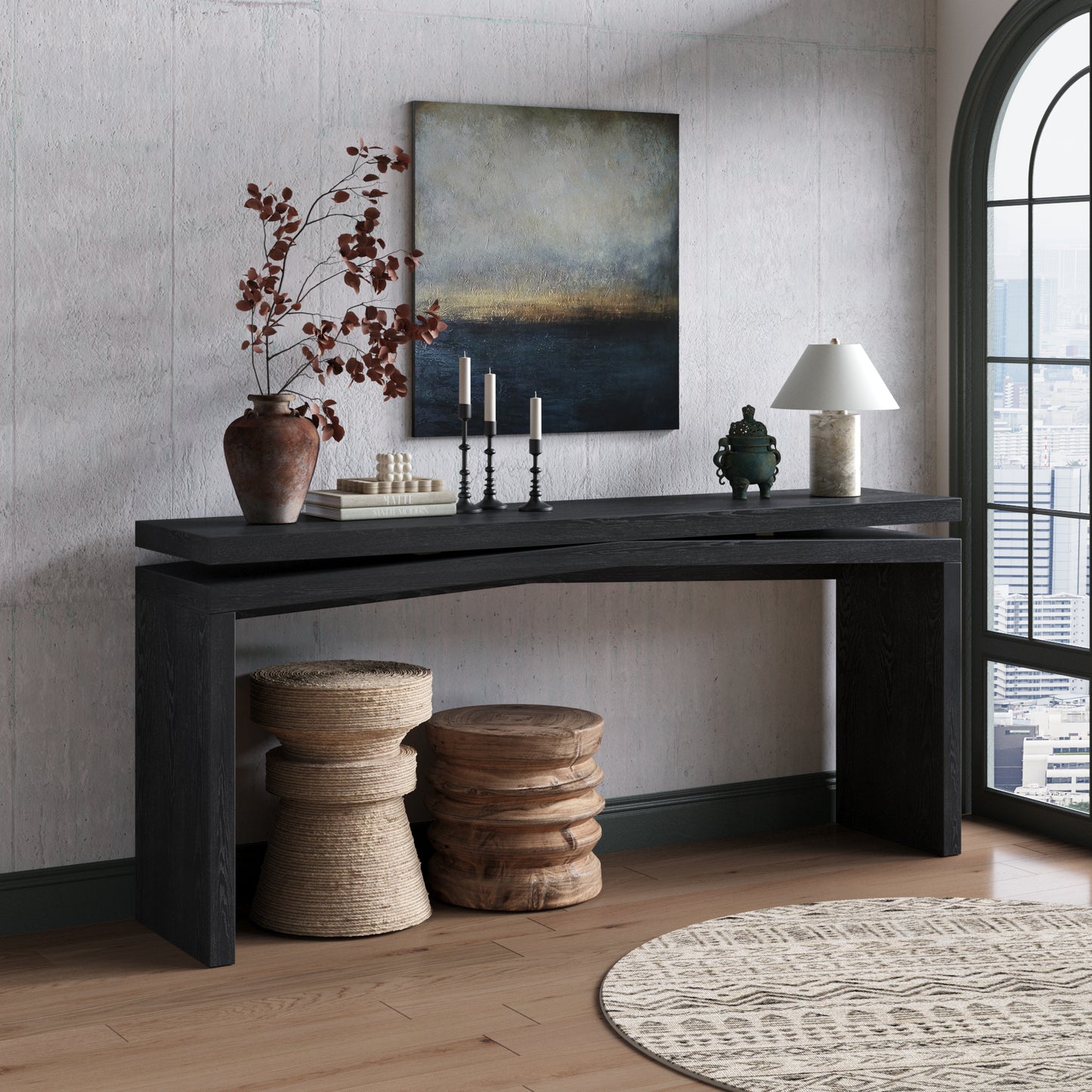 65-Inch Rustic Solid Wood Console Table - Black Farmhouse Style