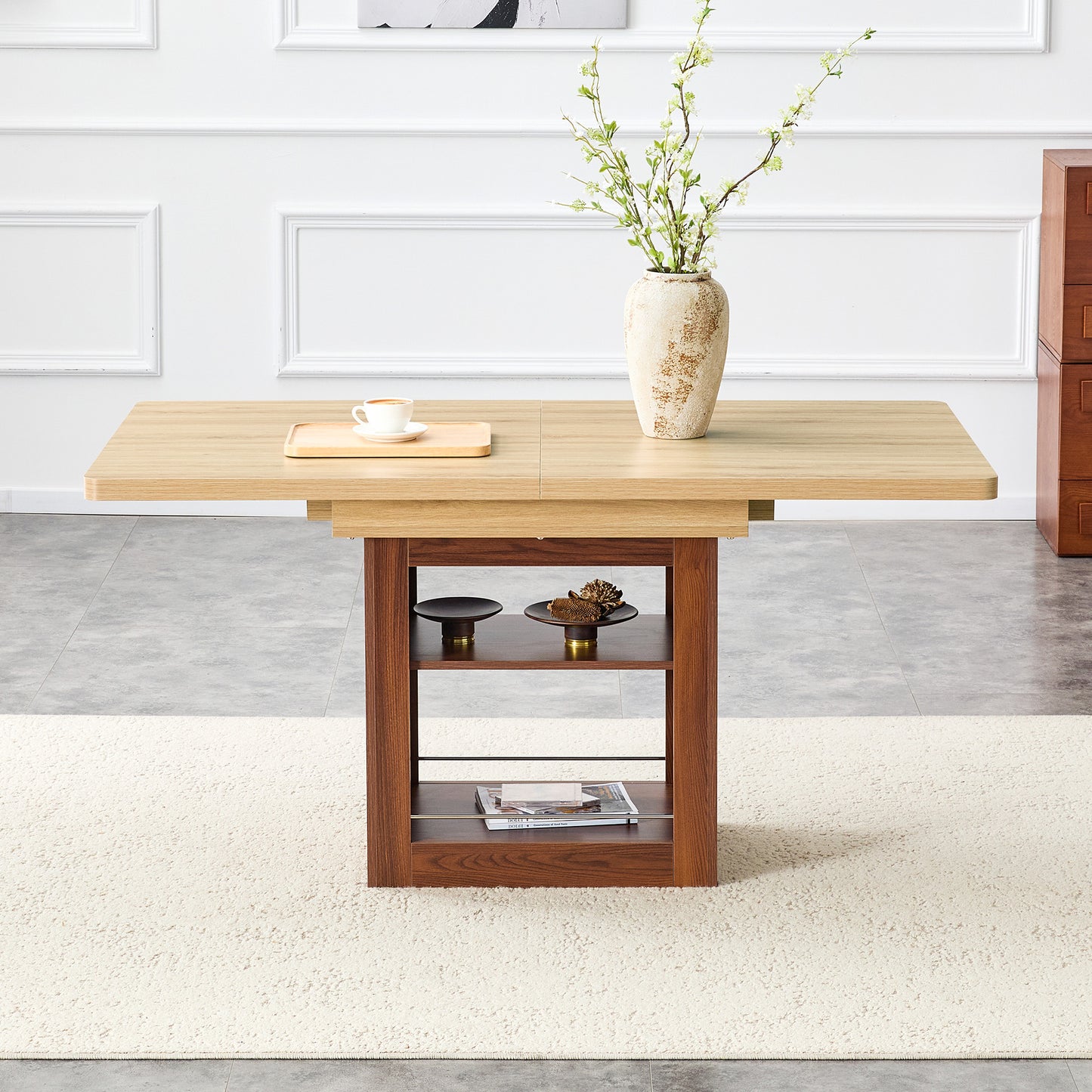 An Expandable Dining Table With Storage Space, A 59 Inch To 71