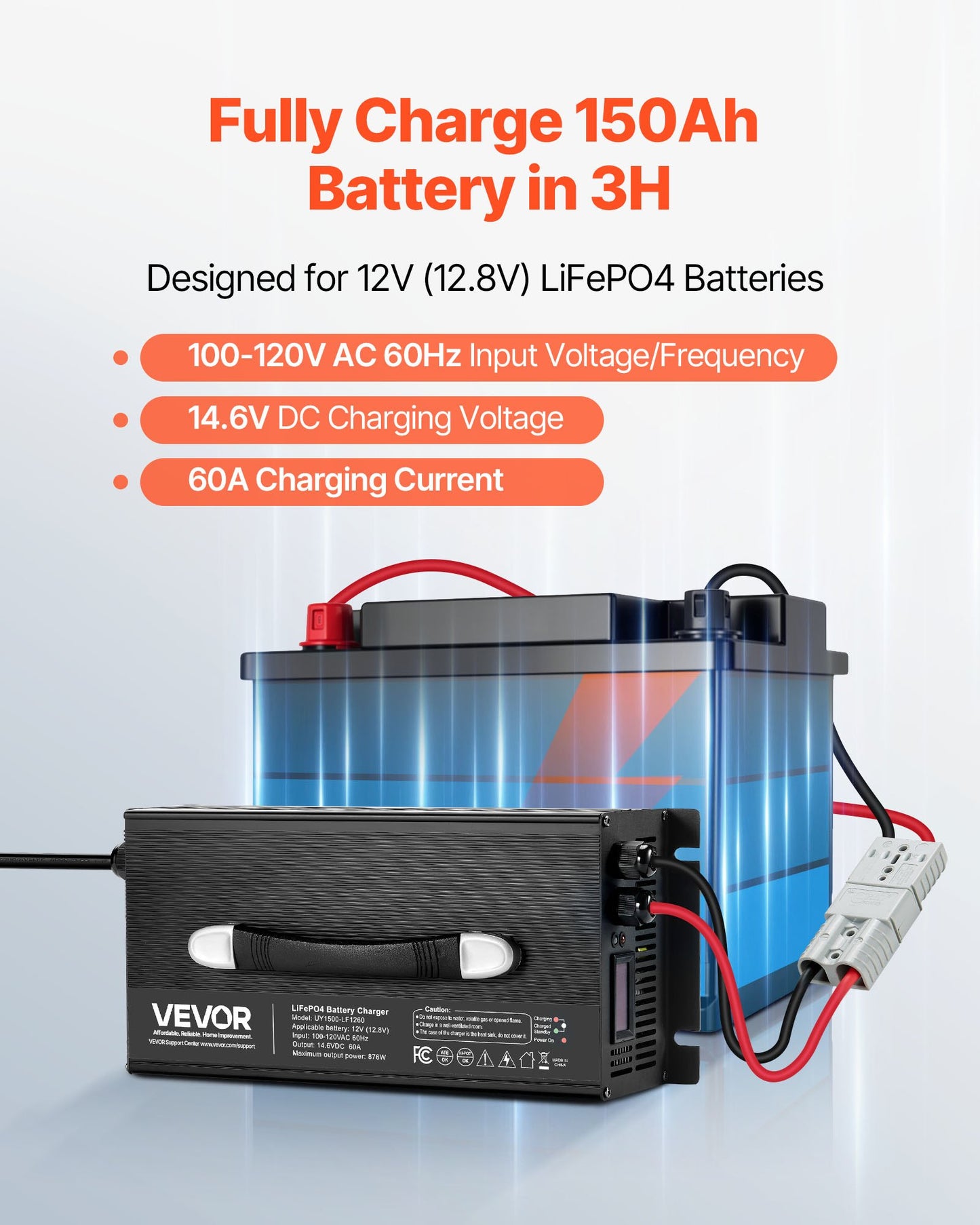 12V 60A Lithium Battery Charger for RVs - Smart 14.6V LiFePO4 Power Supply