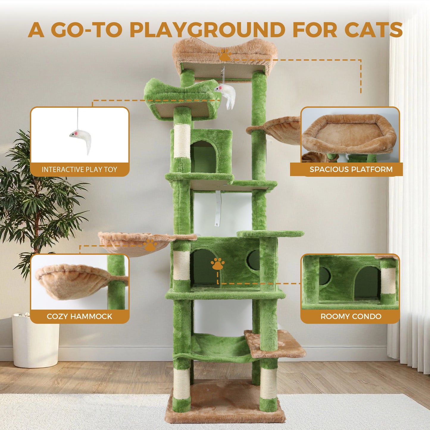 Tall Multi-Level Green Cat Tree with Hammocks and Scratching Posts - Plush Cat Tower for Indoor Cats