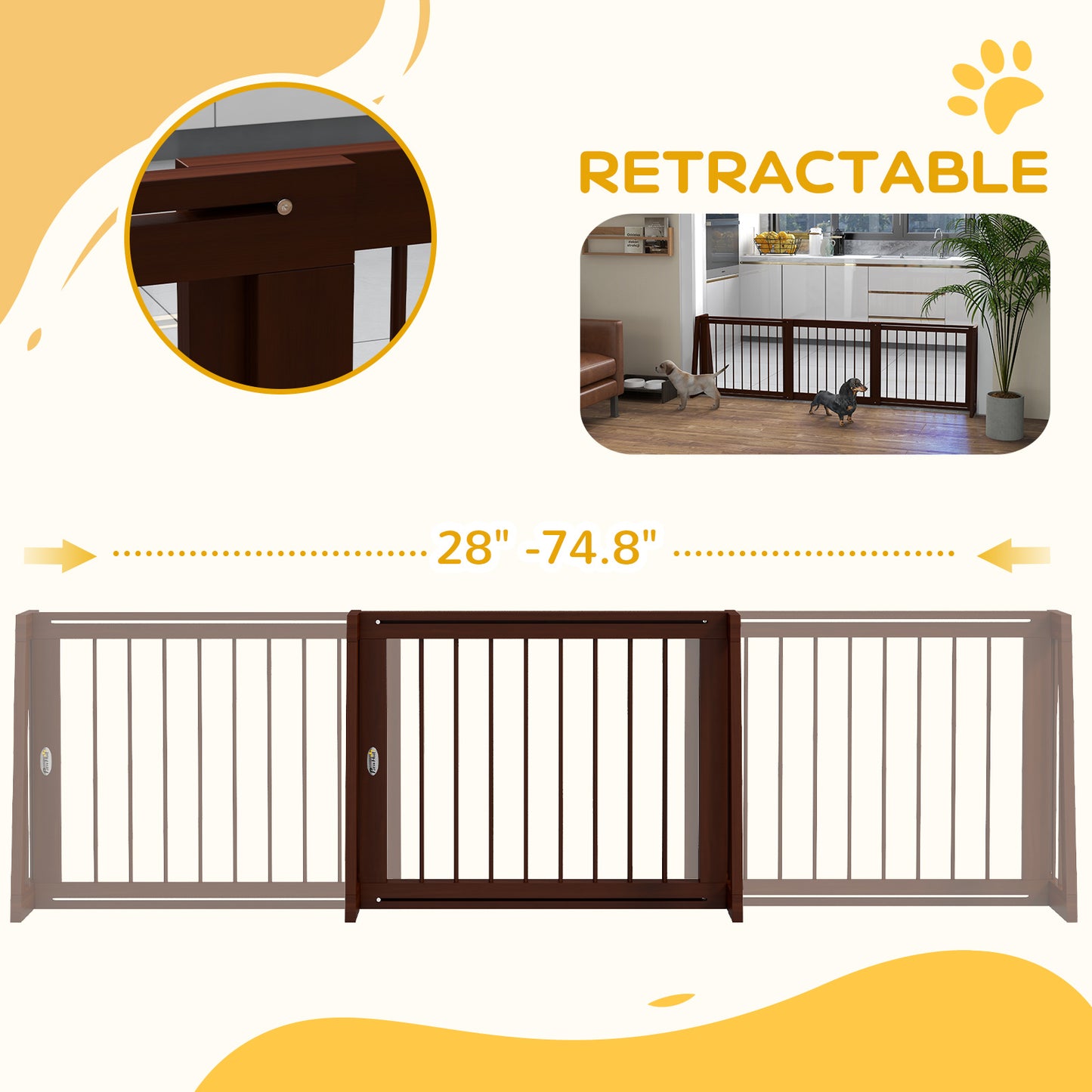 Adjustable Freestanding Wooden Pet Gate 28-75 Inches with Non-Slip Mats - Brown