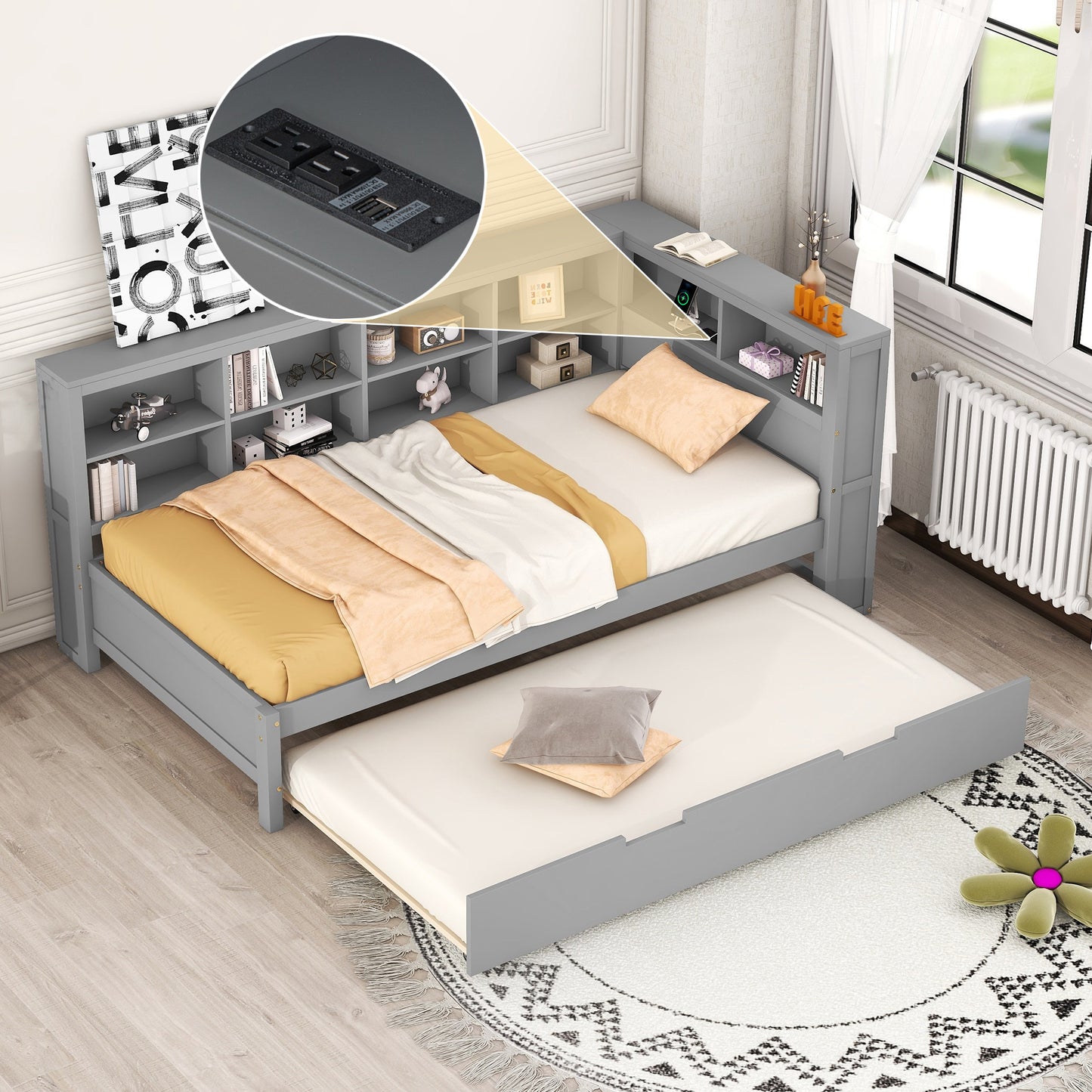 Wooden Twin Size DayBed With Trundle, Storage Shelf And USB Charging