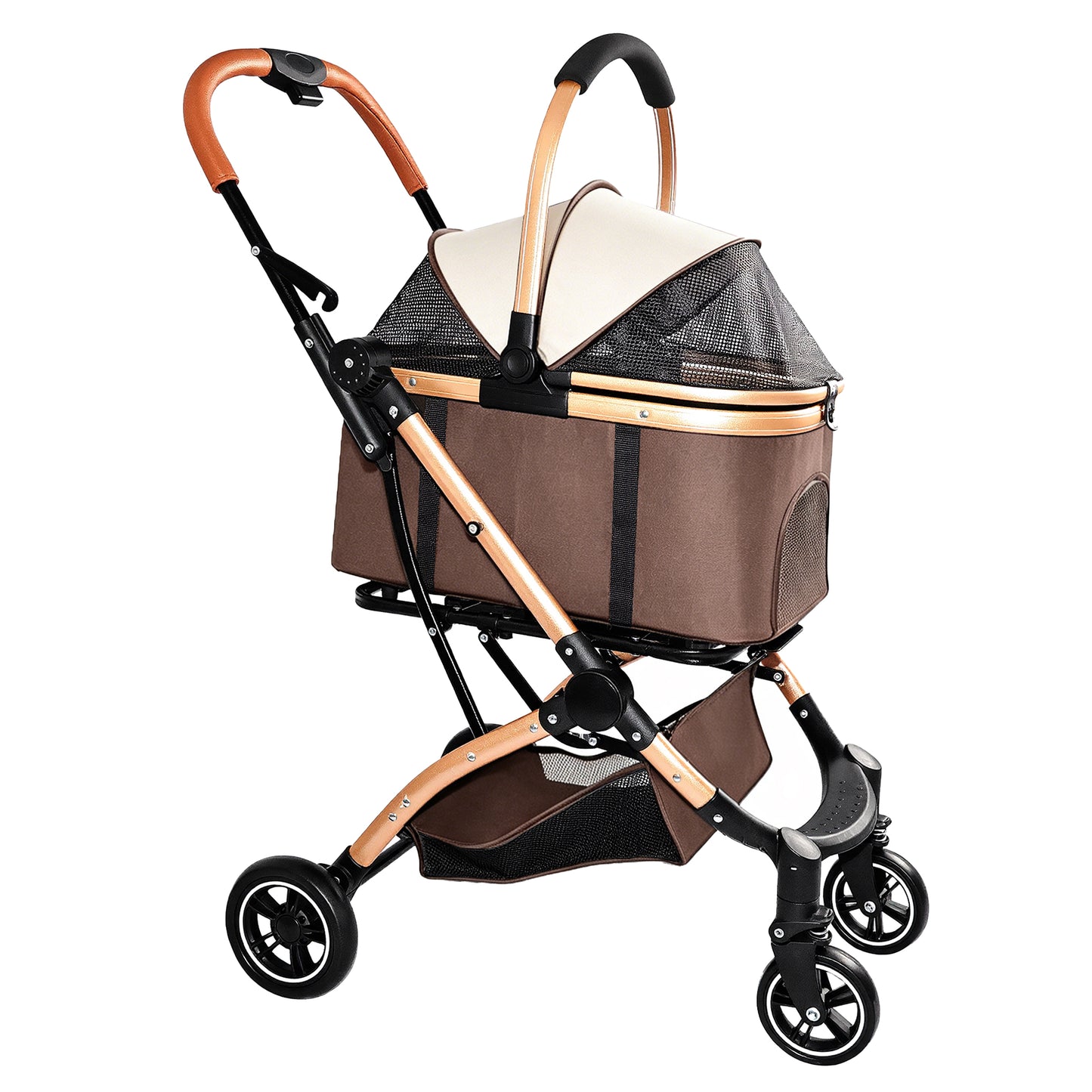 Pet Stroller for Dogs Cats 2-in-1 Foldable Sun Canopy Travel Carrier Khaki