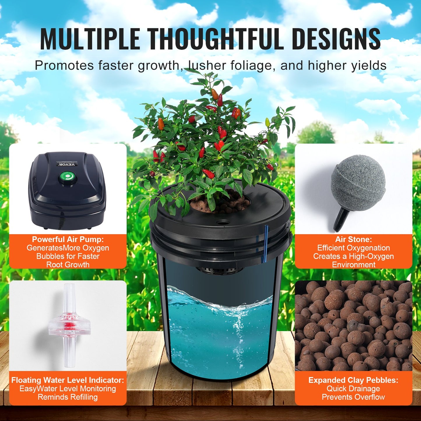 Hydroponic DWC System 5 Gallon Buckets with Pump & Air Stone for Indoor Outdoor Gardening