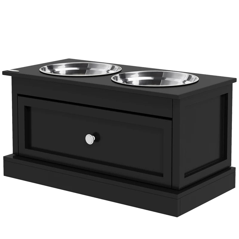Raised Dog Feeder Stand with Storage Drawer - Black, Large Stainless Steel Bowls