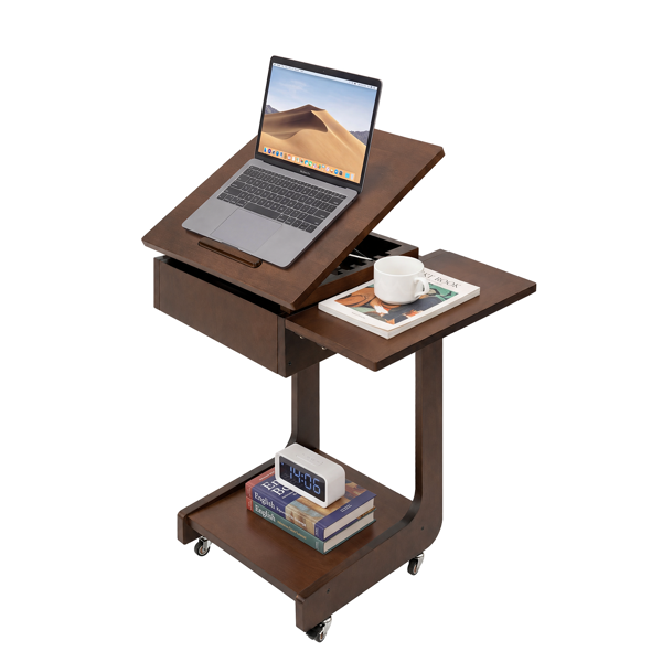 Solid Wood C-Shaped End Table with Adjustable Desktop - Walnut