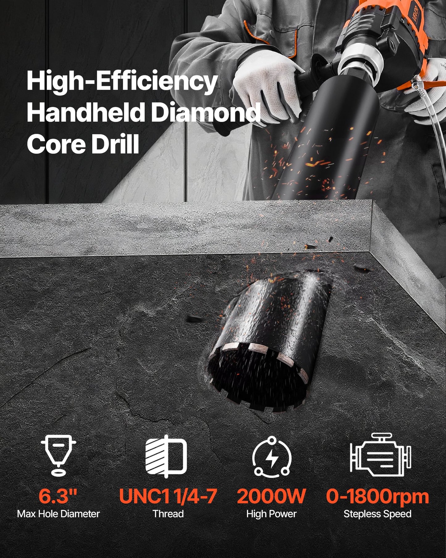 2000W Handheld Concrete Core Drill Machine with Variable Speed 6.3 Inch