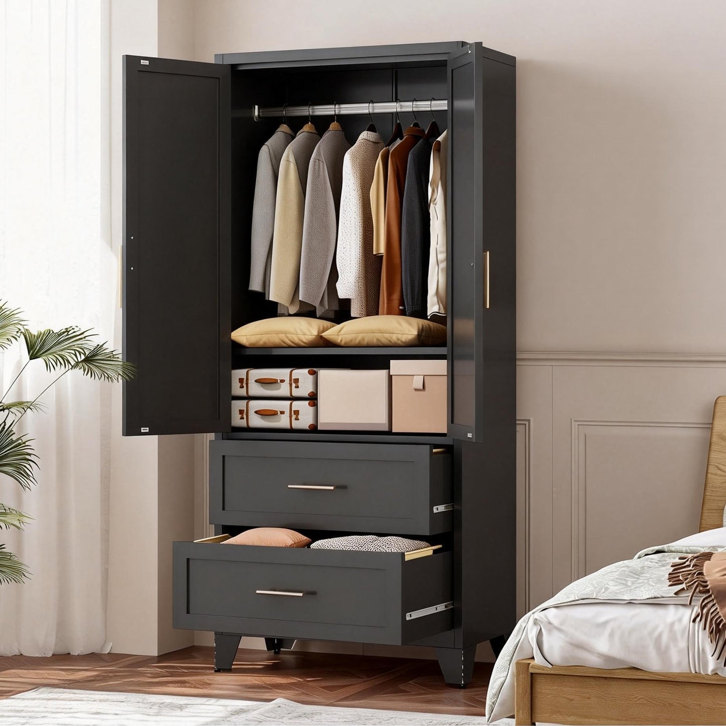 71" Tall Metal Wardrobe Cabinet with 2 Drawers & Shelf - Black