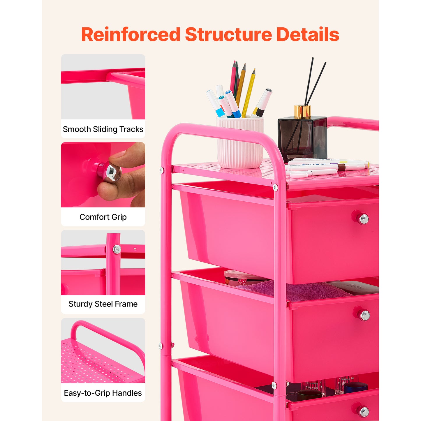 Rolling Cart with Drawers - 4 Drawer Storage Organizer on Steel Frame, Mobile Utility Cart with Casters and Brakes, for Office, Classroom, Garage, Rose Red