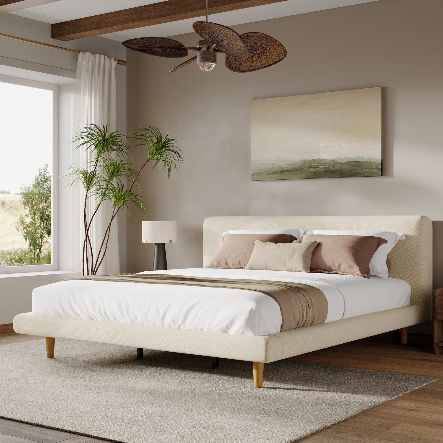 Beige Chunky Headboard Bed Frame - California King, 800lbs Capacity