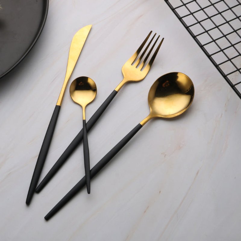 Stainless Steel Flatware Set - Black and Gold Western Tableware