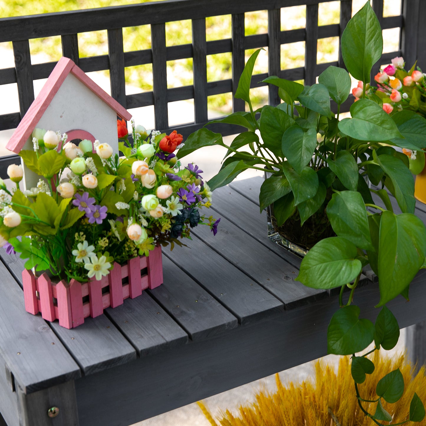 Wooden Garden Potting Bench Work Table with Hidden Storage and Sliding Top - Gray