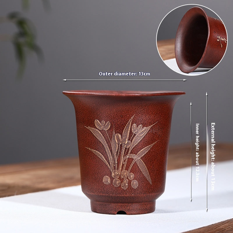 Purple Clay Flowerpot with Chinese Style Design Small Round & Square Options