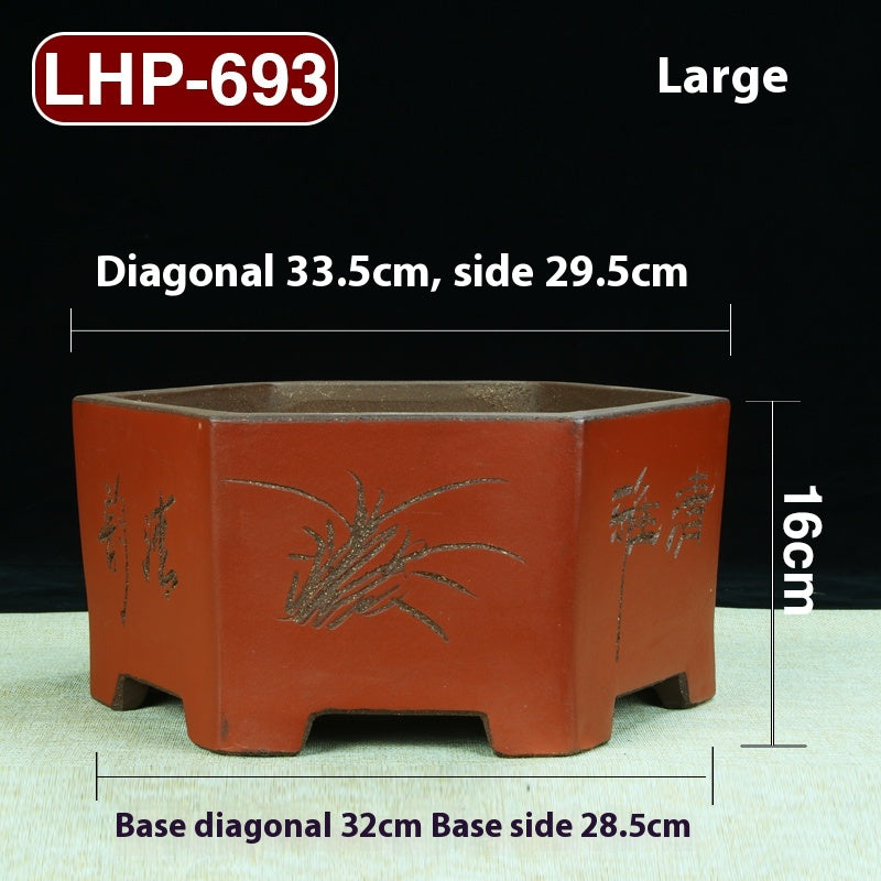 Large Hexagonal Ceramic Bonsai Basin with Purple Sand for Home Garden