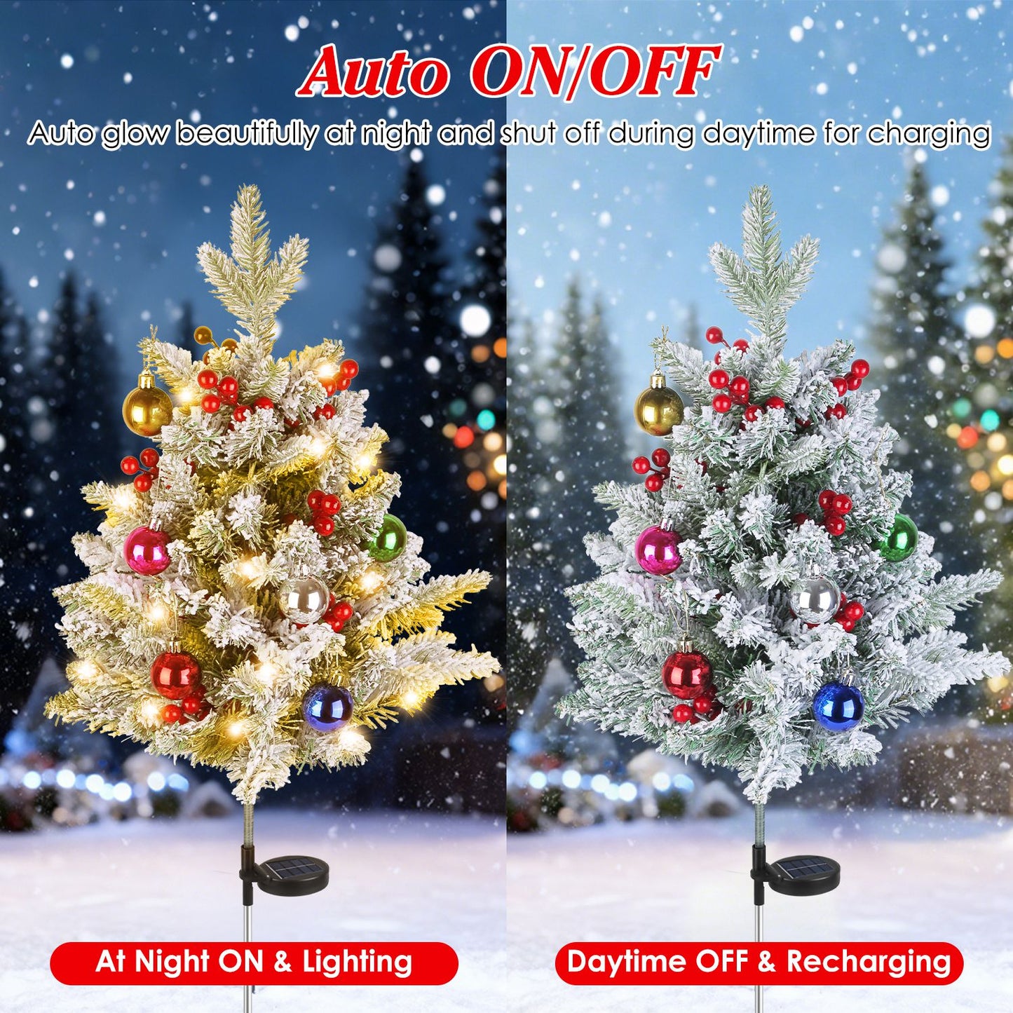 Solar Powered Lighted Christmas Tree Urn Filler with Berries & Decor Balls