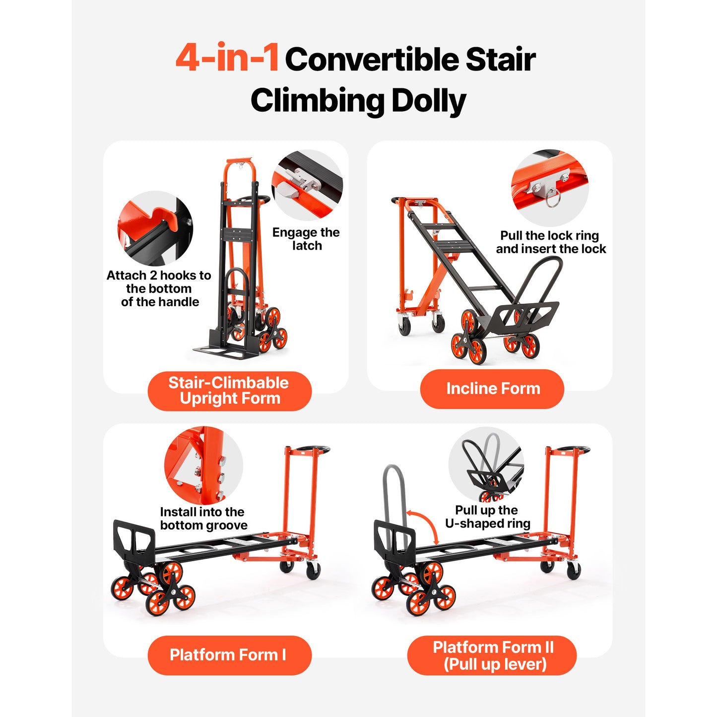 3-in-1 Industrial Stair Climbing Hand Truck Dolly - Max Load 770 Lbs, Folding Utility Cart with Wheels & Handle, Orange & Silver