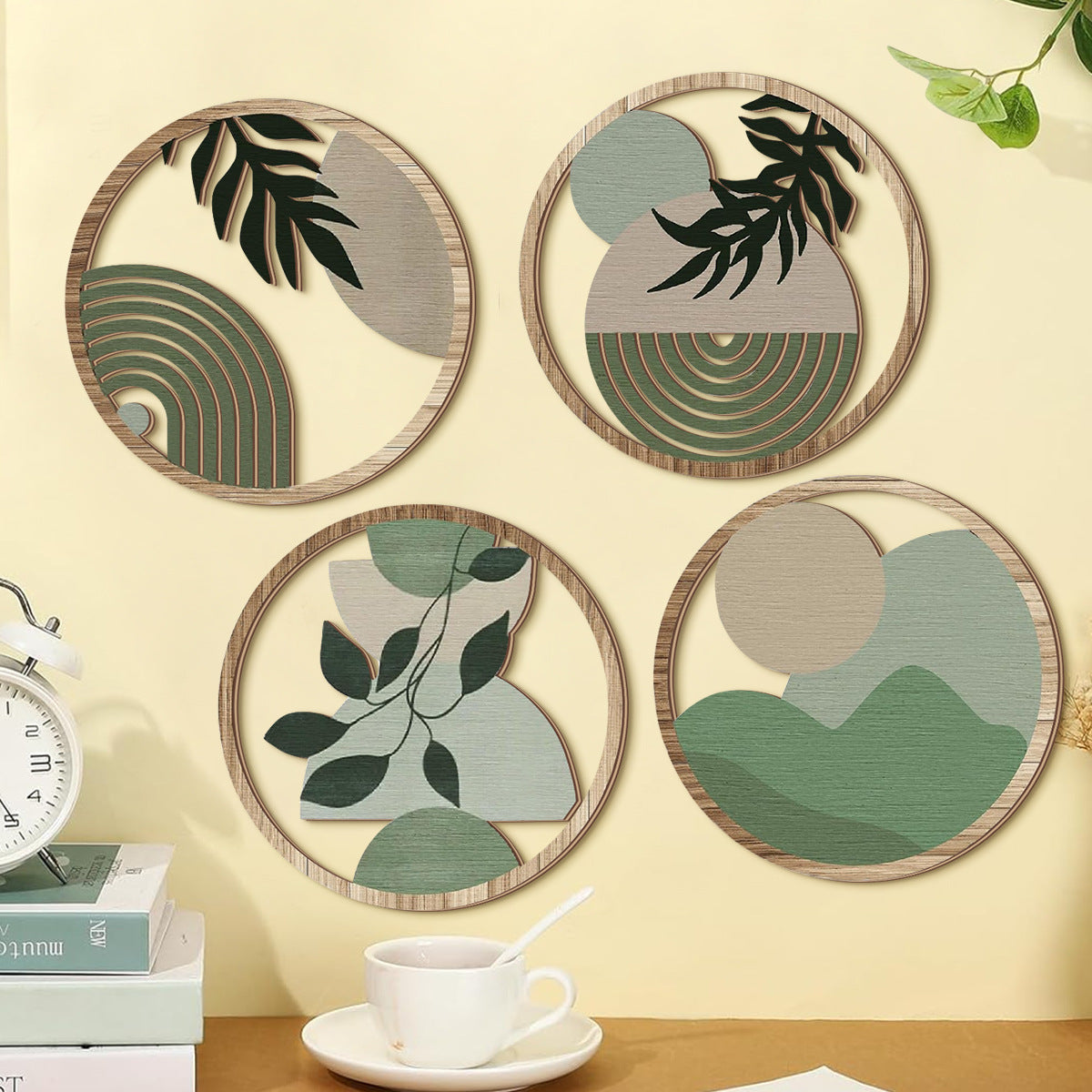 Retro Wooden Leaf Wall Stickers - Multi-Leaf Round Decor Set