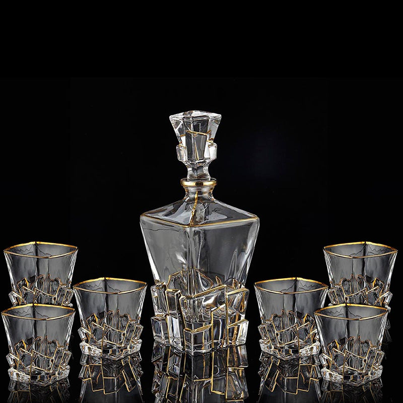 Crystal Whisky Glass Set - Home Bar Drinkware with Gilded Pattern
