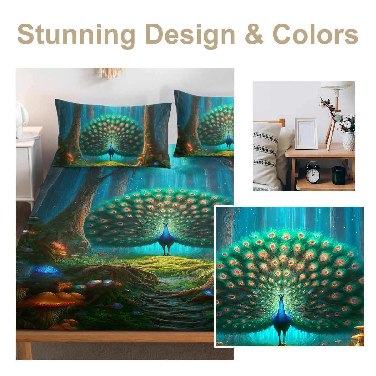 Green Peacock Print Bed Sheet Set - Colorful Mushroom Pattern, Queen Size