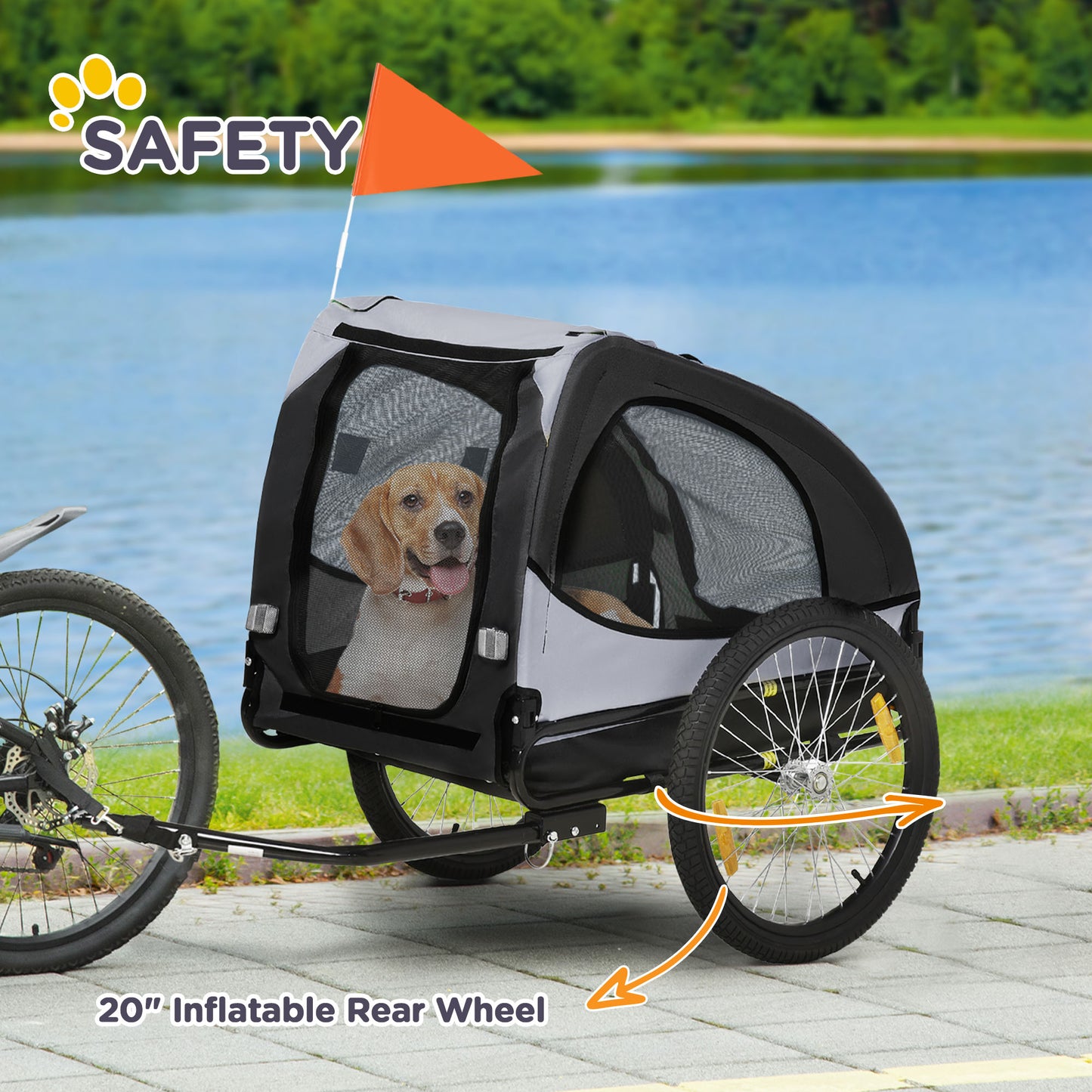 Dog Bike Trailer with Mesh Windows and Reflectors for Medium Dogs - Black