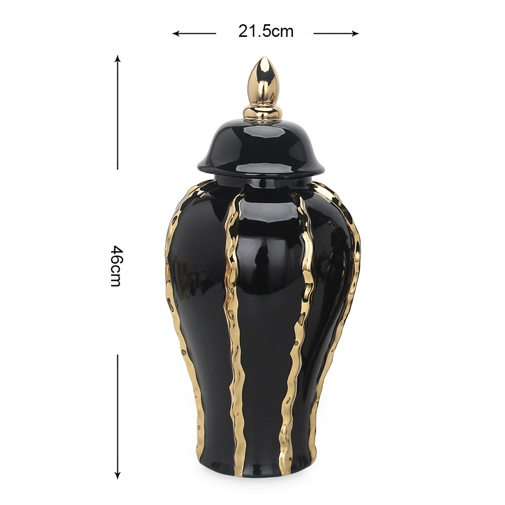 Ceramic Temple Jar Ornaments Set - Black and Gold Pattern Home Decor