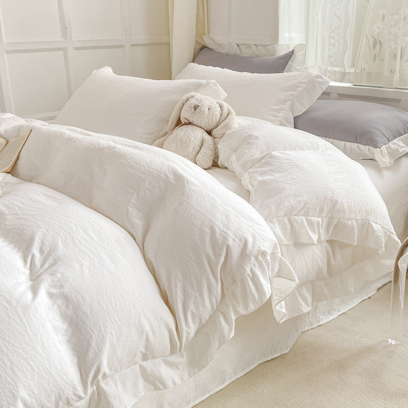 Instagram-Style White Bedding Set - Princess Water-Washed Cotton, 4-Piece Duvet Cover Set
