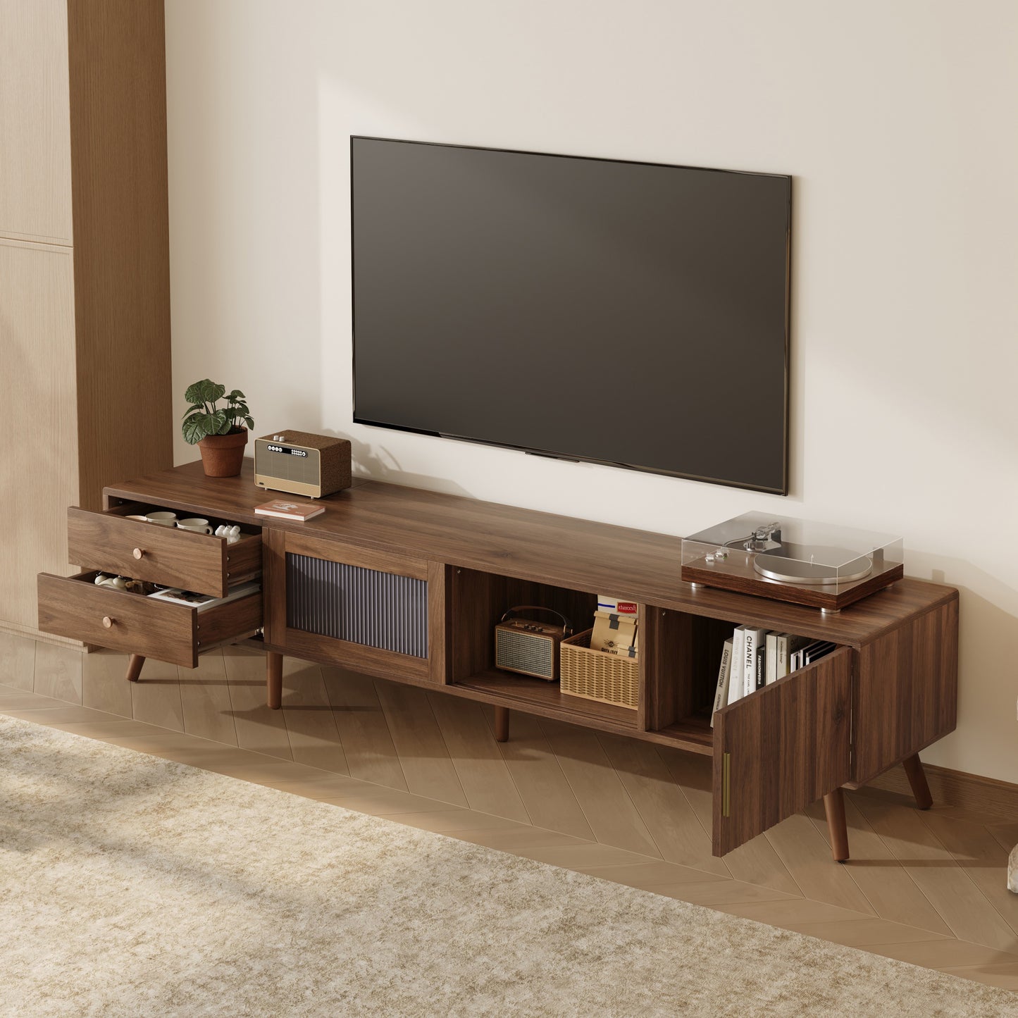 76 Modern Minimal Glass-Doors TV Stand For TVs Up To 85 Inches,