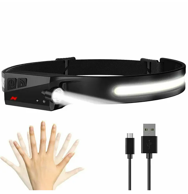 Rechargeable COB LED Headlamp with USB Charger - Work Light, Head Band, Black