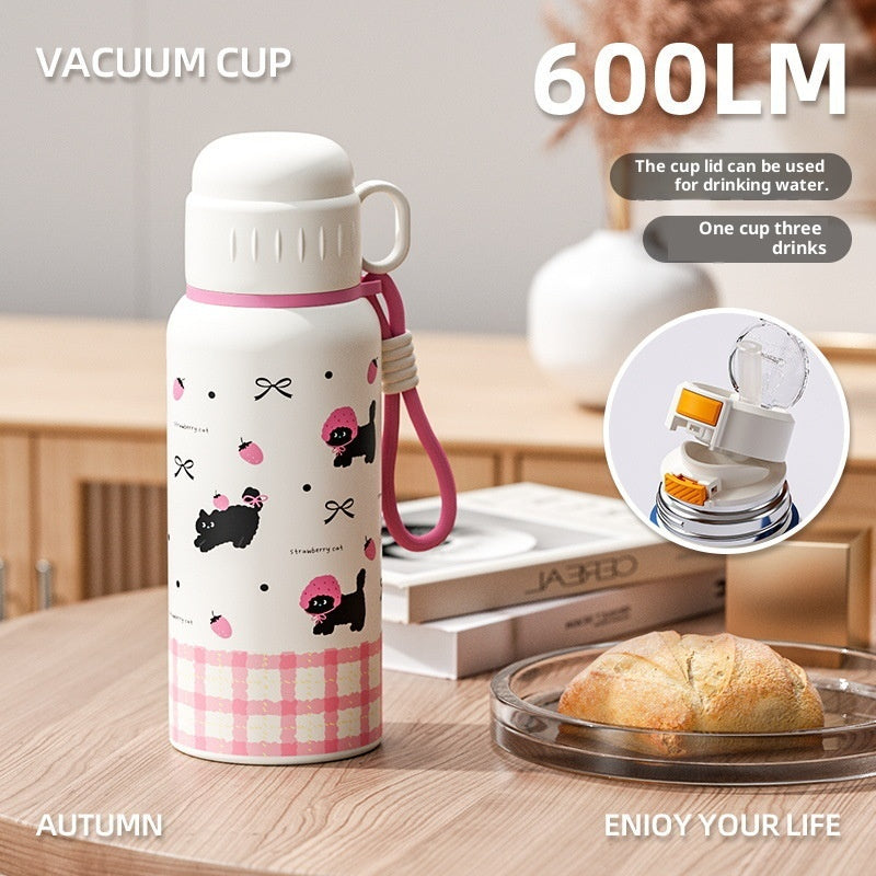 Insulated Stainless Steel Travel Mug 600ml with Carrying Strap & Straw