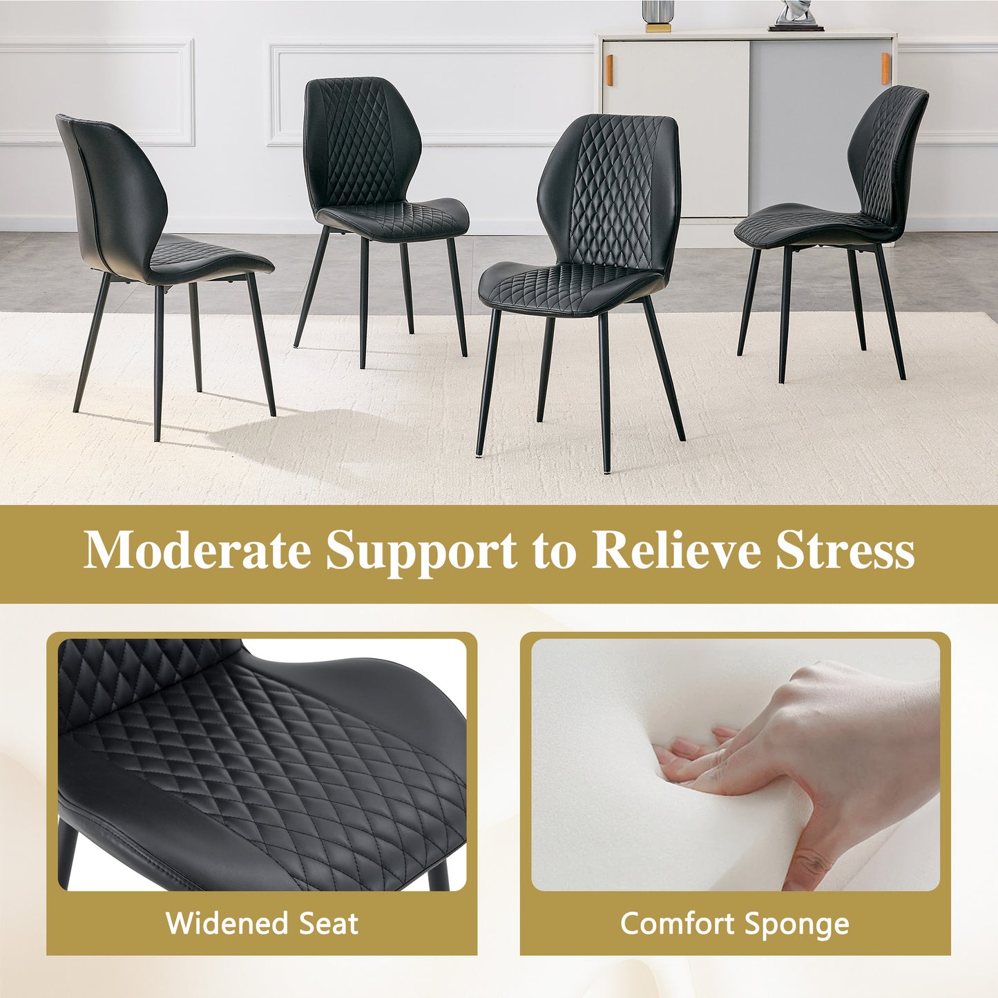 Set Of 4 Modern Light Luxury Black Diamond-quilted PU Chairs With