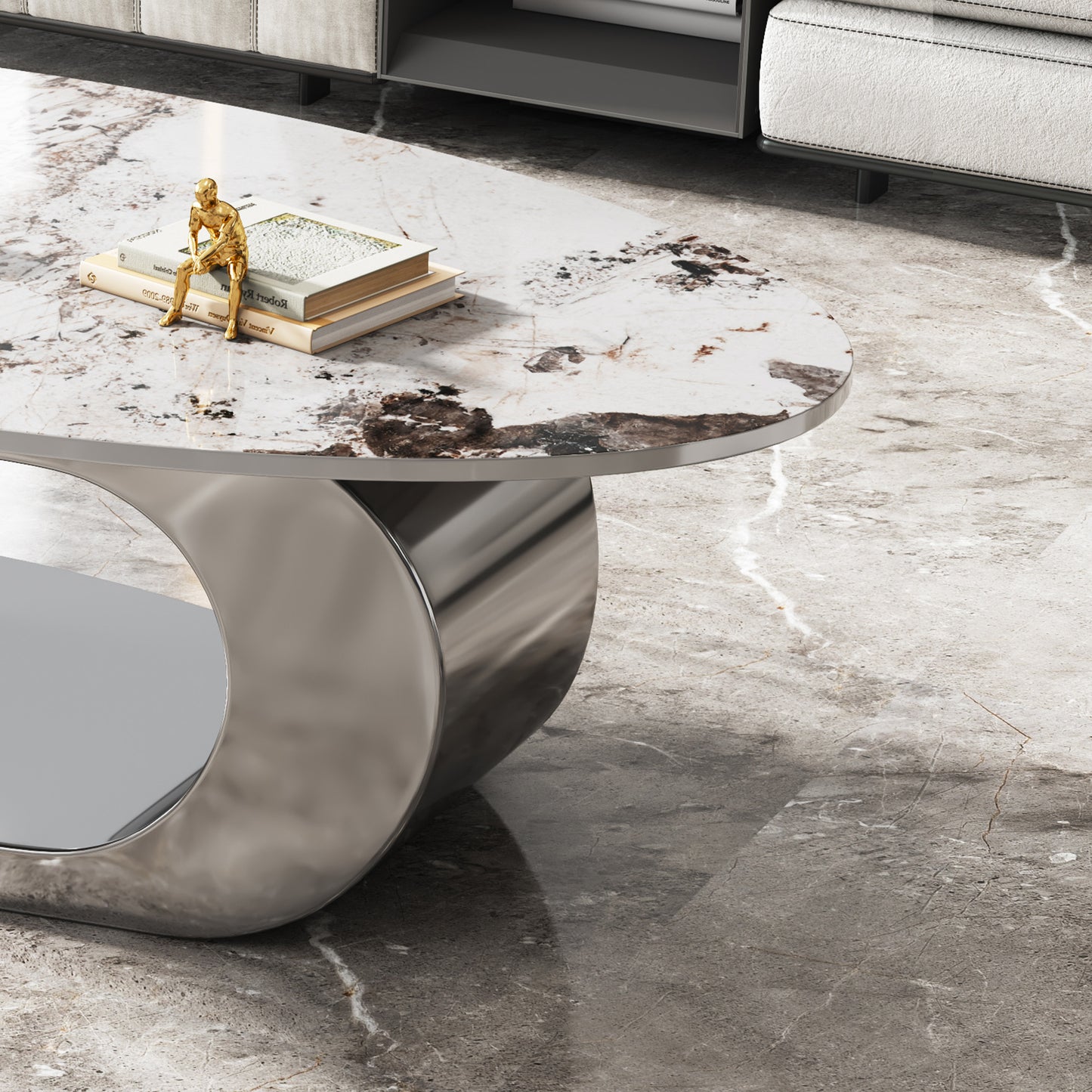 Oval Faux Marble Coffee Table with Stainless Steel Base - Gray White Multi
