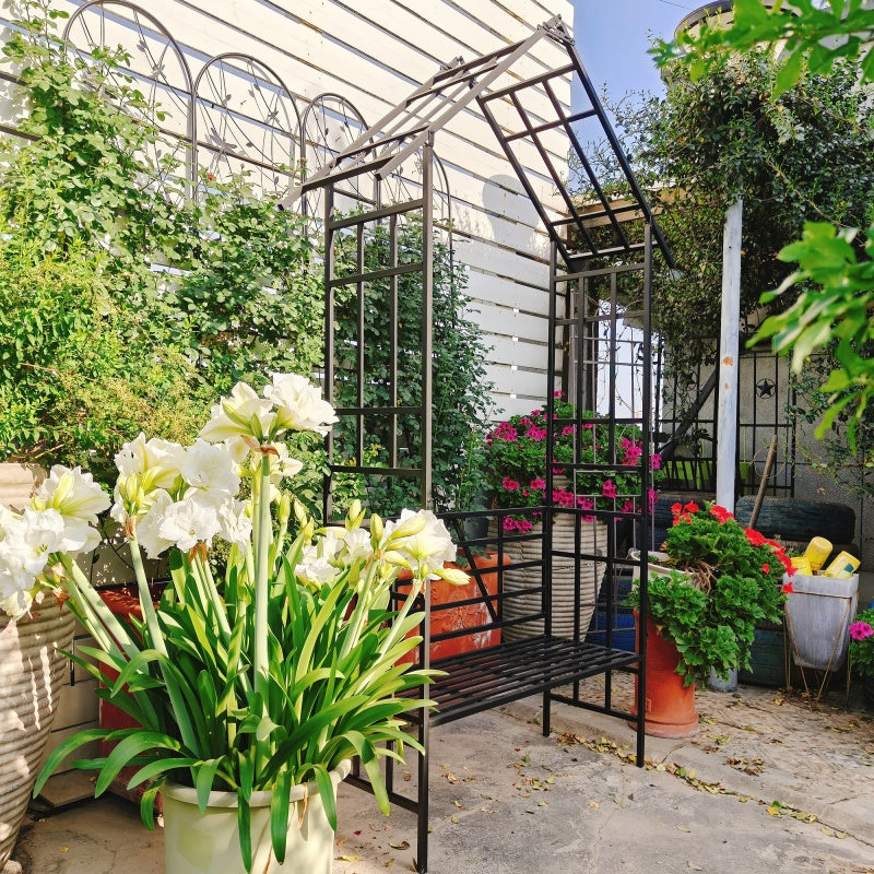 Metal Garden Arch with Convertible Bench and Flower Rack Support - Outdoor Black