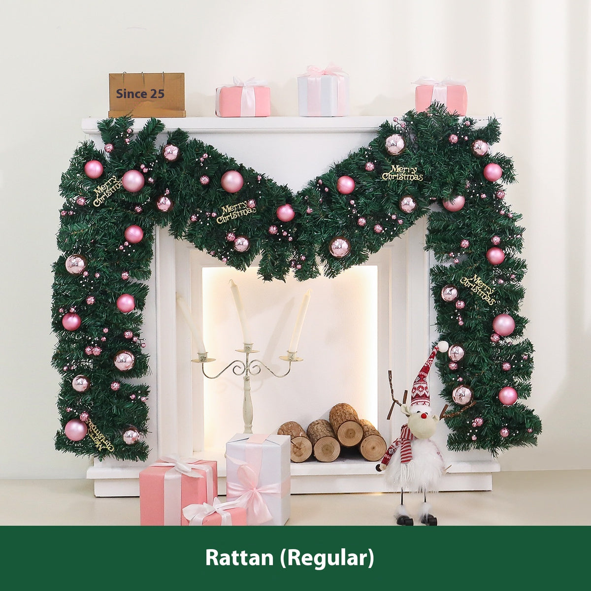 Christmas Rattan Decoration 2.7m with Lights and Wreaths for Festive Home Decor