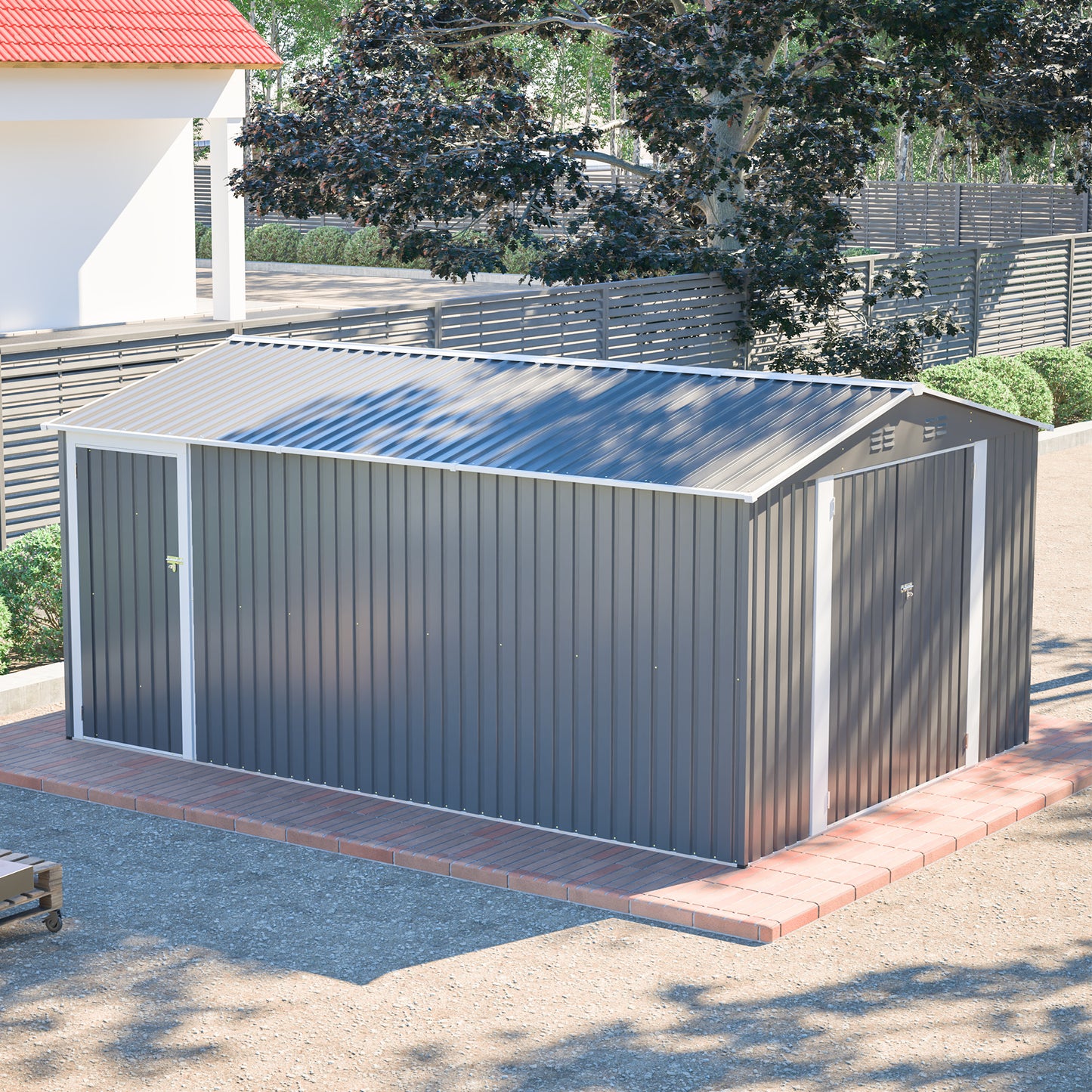 10x14 FT Metal Outdoor Storage Shed with Lockable Doors - Gray