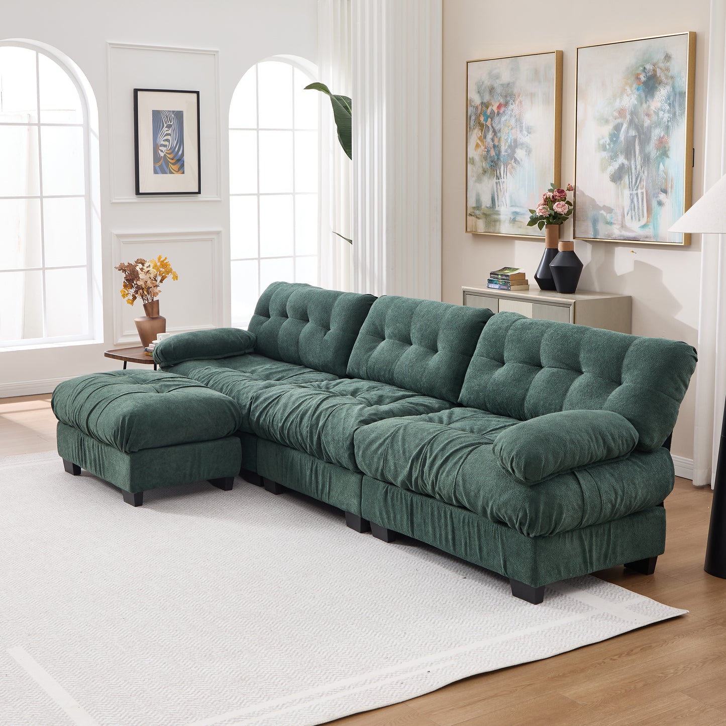 Modular Sectional Sofa with Movable Ottoman - Green Cloud Couch
