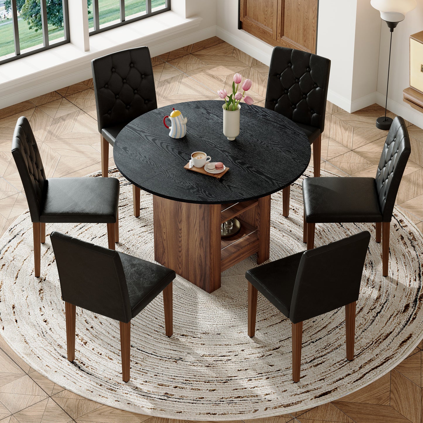 Table And Chair Set. 42 Inch Round MDF Black Dining With Double-layer