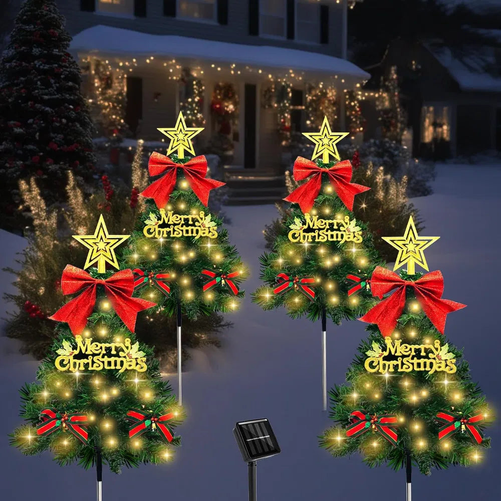 4 Pack Solar Christmas Tree Pathway Lights - Waterproof Mini Decor