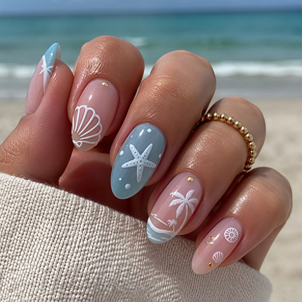 24 Oval Artificial Nails with Rhinestones - French Design
