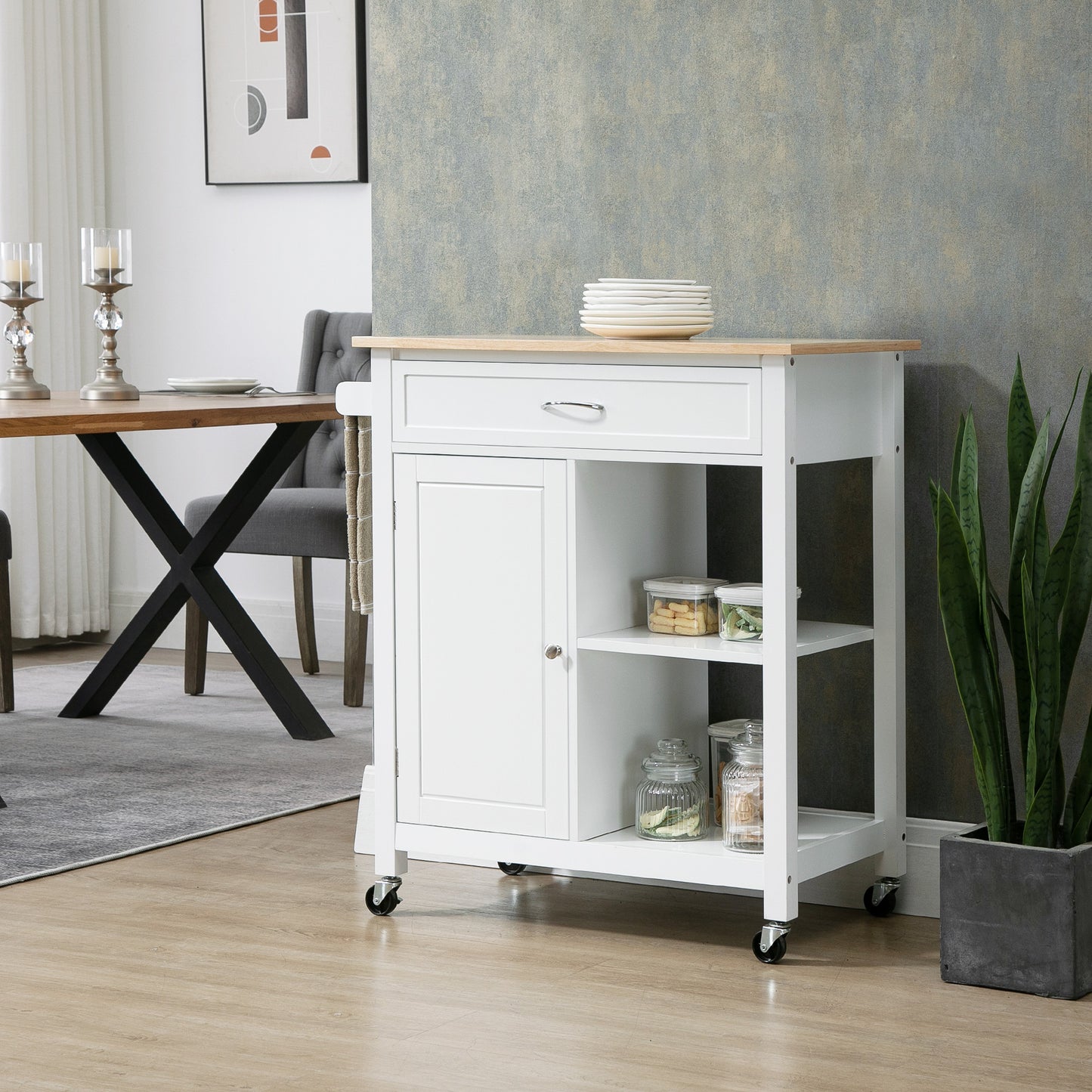 Rolling Kitchen Island Cart with Storage Shelf - White