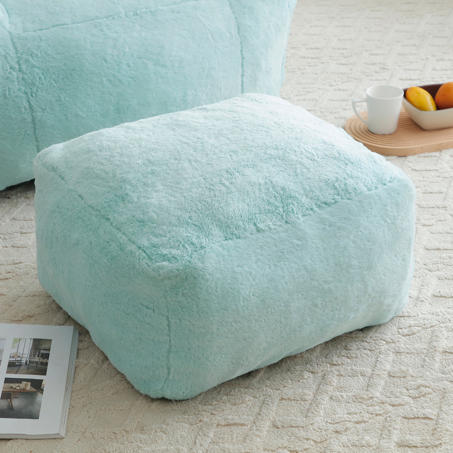 Oversized Faux Fur Bean Bag Chair with Footstool - Light Blue