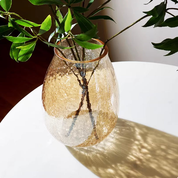 Ice-Crack Glass Vase with Dried Reeds Finish - Rustic Home Decor