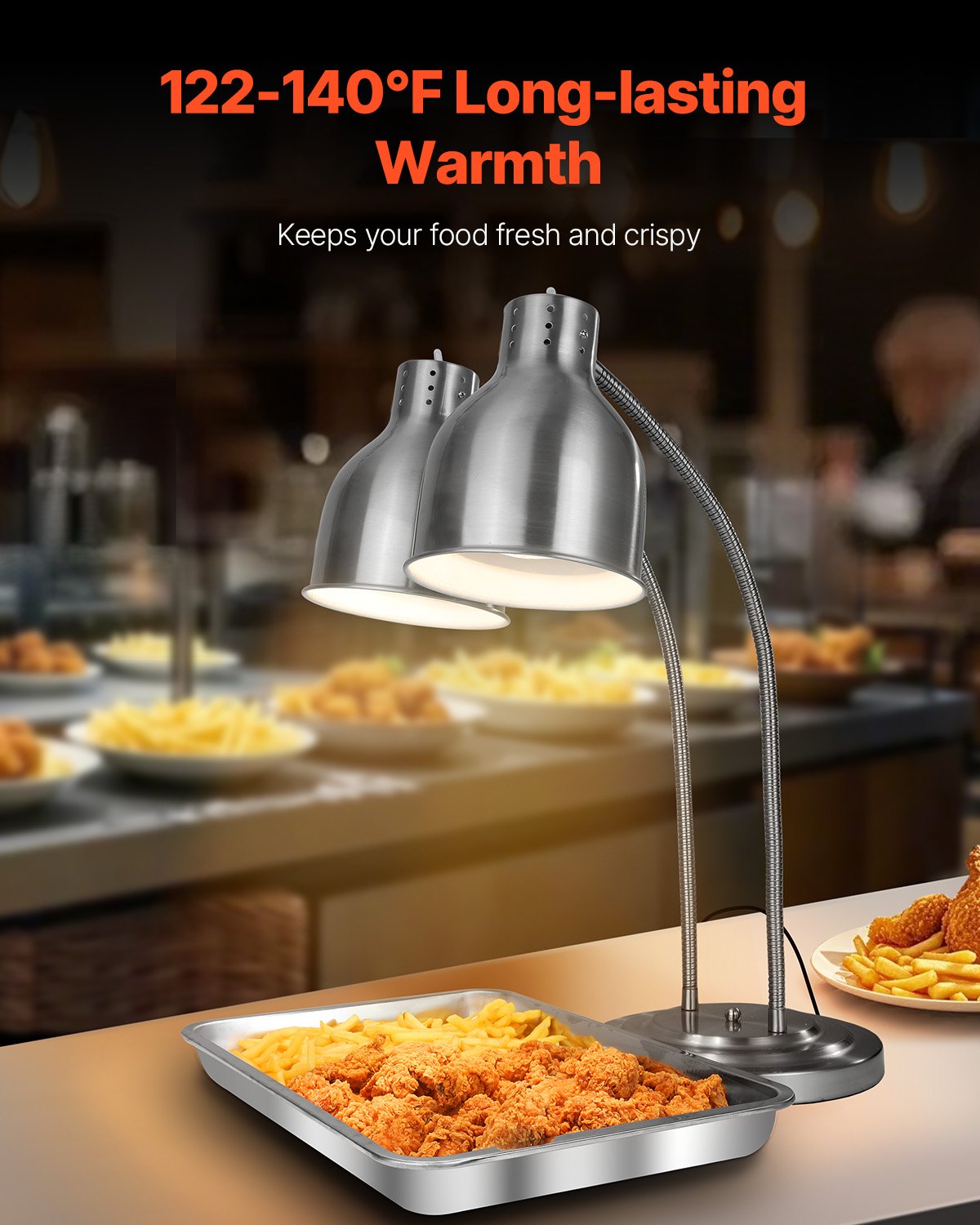 Commercial 2-Head Food Heat Lamp for Restaurant & Buffet - Silver