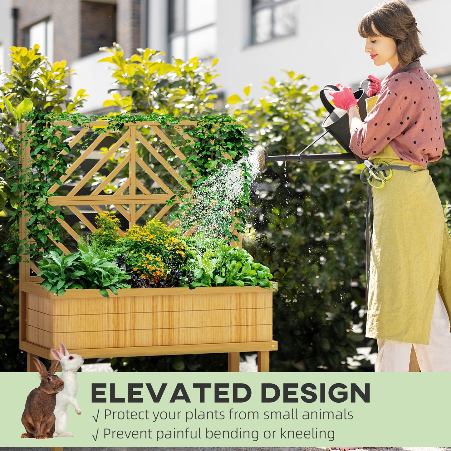Wooden Garden Planter with Trellis for Climbing Plants, Raised Bed, Natural Finish